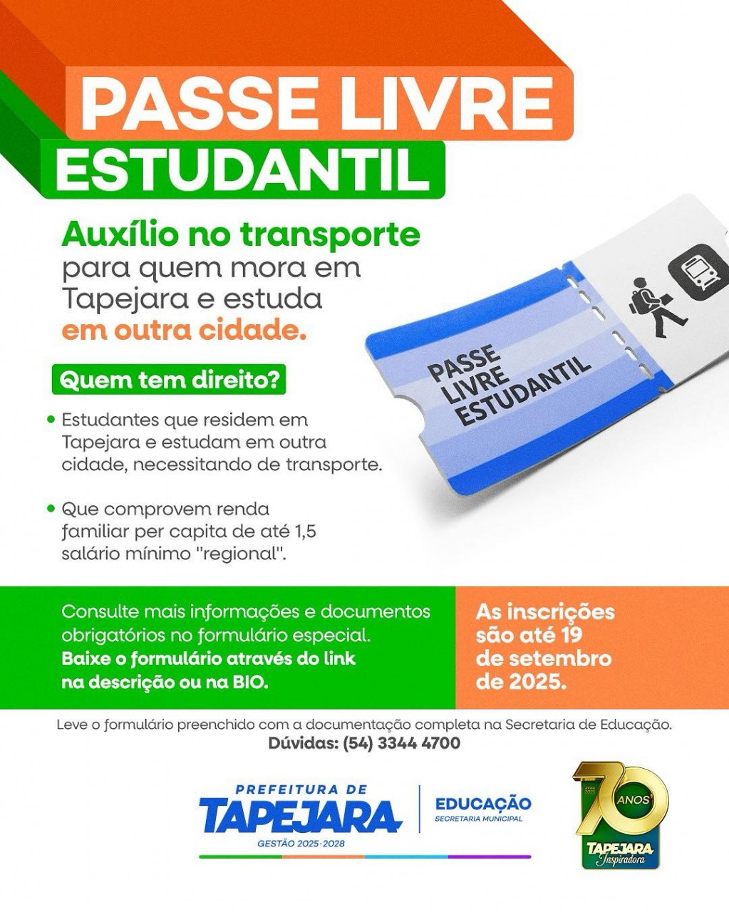Incrições do Passe Livre Estudatil de Tapejara seguem até sexta-feira
