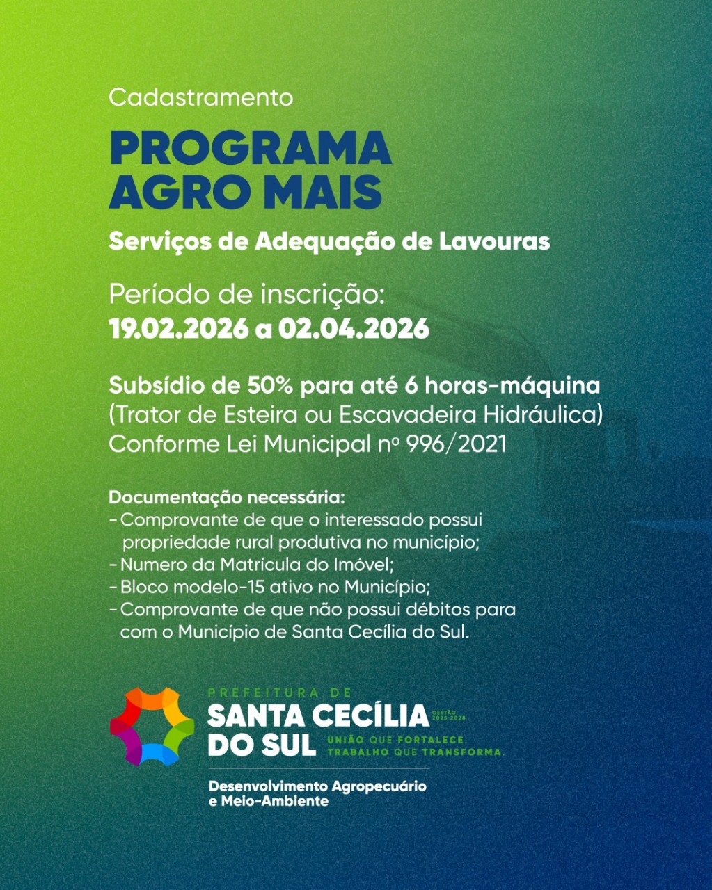 Santa Cecília do Sul abre cadastro para o Programa Agro Mais
