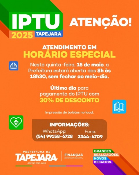 IPTU 2025: Prefeitura de Tapejara terá horário especial nesta quinta-feira, 15 de maio
